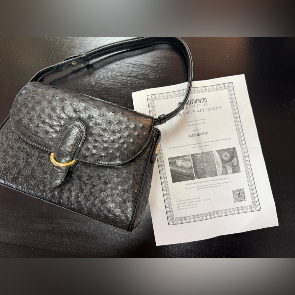 Gucci Black Ostrich-Texture Shoulder Bag with Gold Hardware - Picture 3 of 6